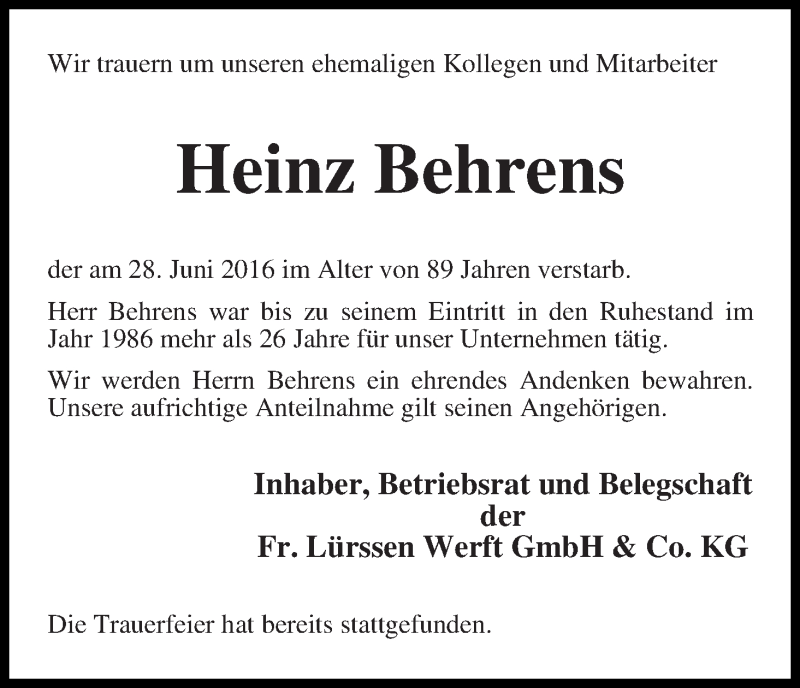 Traueranzeige von Heinz Behrens von Die Norddeutsche