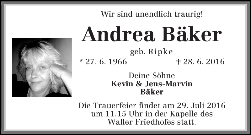 Traueranzeige von Andrea Bäker von WESER-KURIER
