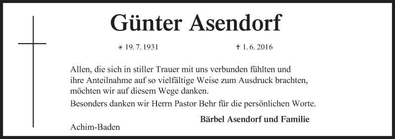 Traueranzeige von Günter Asendorf von WESER-KURIER