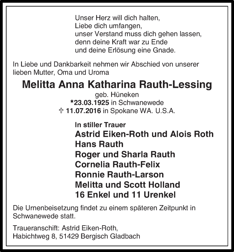 Traueranzeige von Melitta Anna Katharina Rauth-Lessing von Die Norddeutsche