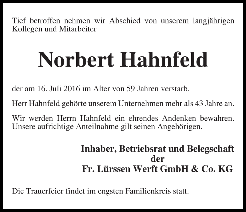 Traueranzeige von Norbert Hahnfeld von Die Norddeutsche