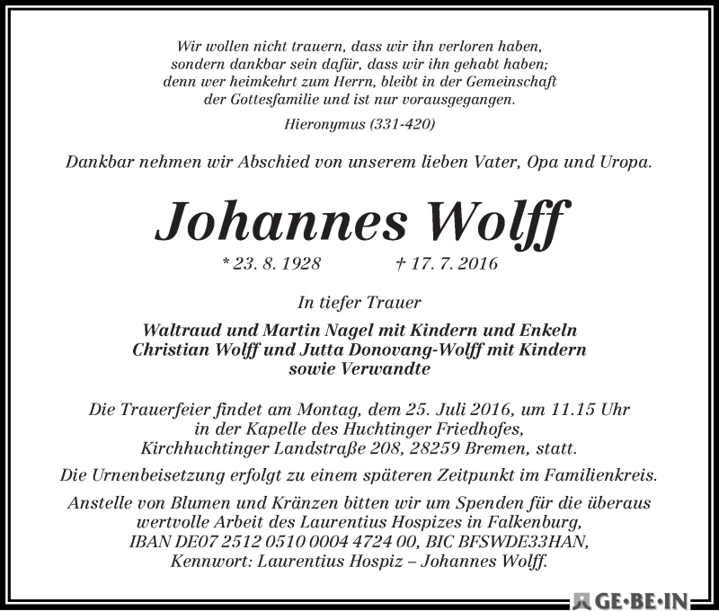 Traueranzeige von Johannes Wolff von WESER-KURIER