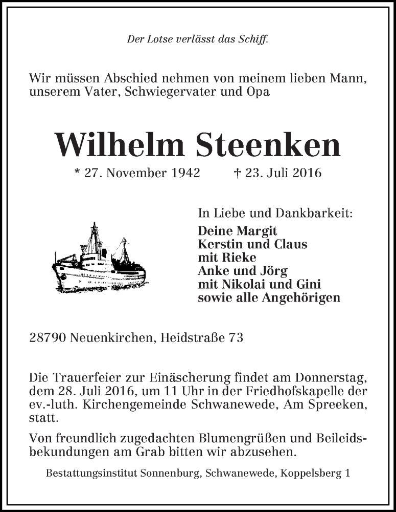 Traueranzeige von Wilhelm Steenken von Die Norddeutsche