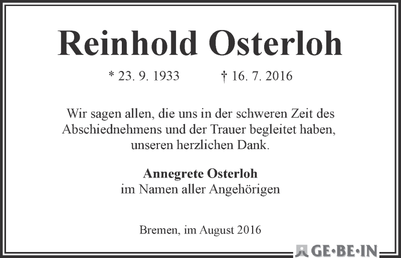 Traueranzeige von Reinhold Osterloh von WESER-KURIER