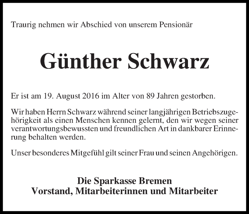 Traueranzeige von Günther Schwarz von WESER-KURIER