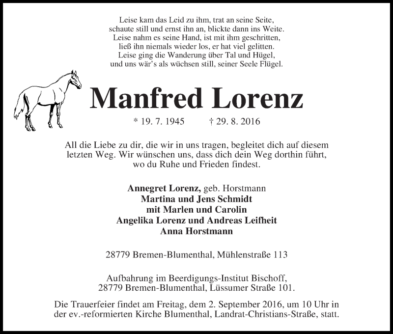 Traueranzeige von Manfred Lorenz von Die Norddeutsche