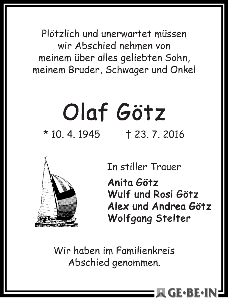 Traueranzeige von Olaf Götz von WESER-KURIER
