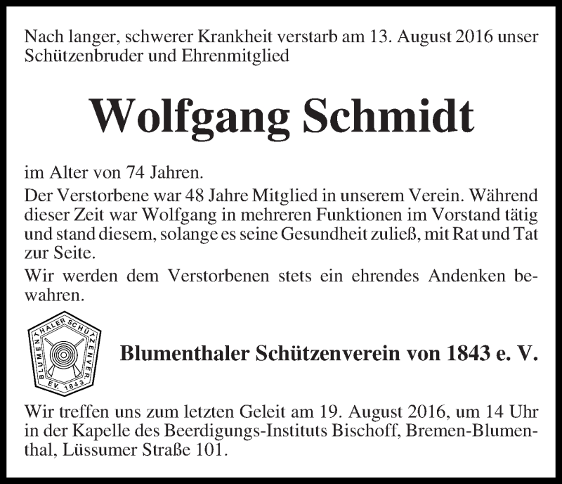 Traueranzeige von Wolfgang Schmidt von Die Norddeutsche