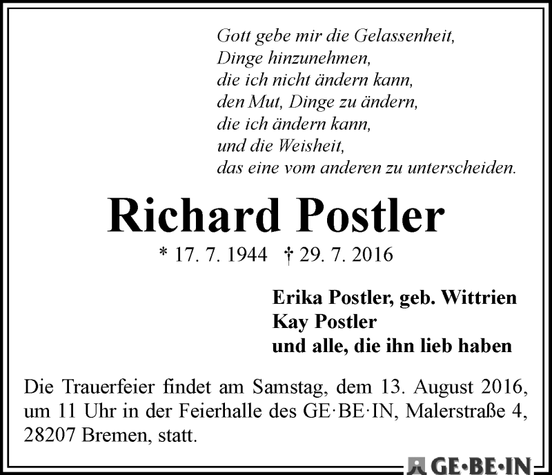 Traueranzeige von Richard Postler von WESER-KURIER