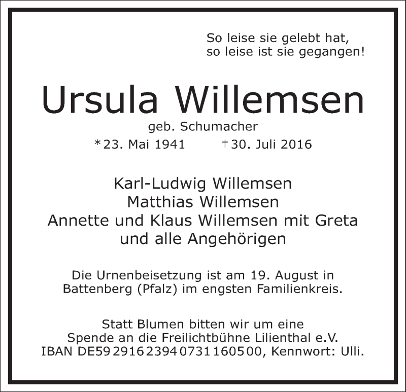Traueranzeige von Ursula Willemsen von Wuemme Zeitung