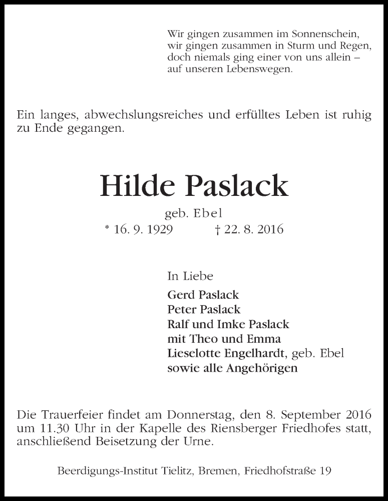 Traueranzeige von Hilde Paslack von WESER-KURIER