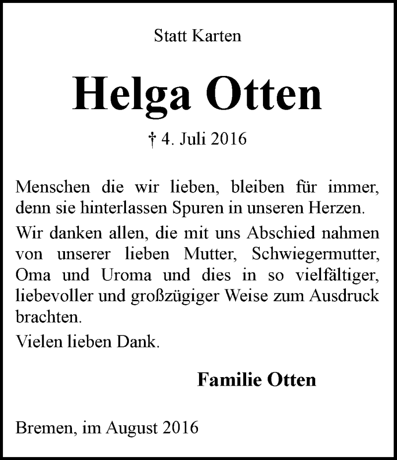 Traueranzeige von Helga Otten von WESER-KURIER