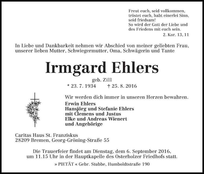 Traueranzeige von Irmgard Ehlers von WESER-KURIER