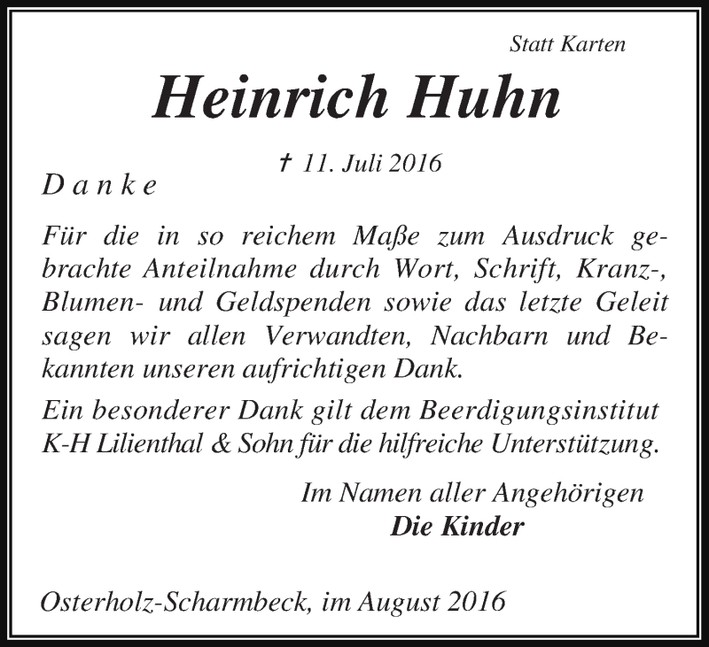 Traueranzeige von Heinrich Huhn von Osterholzer Kreisblatt