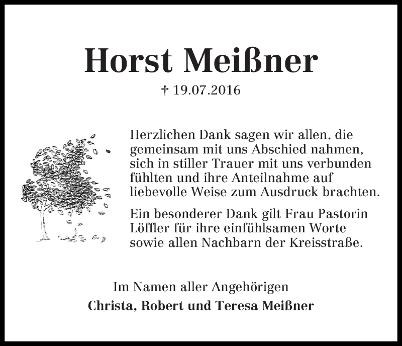 Traueranzeige von Horst Meißner von Die Norddeutsche