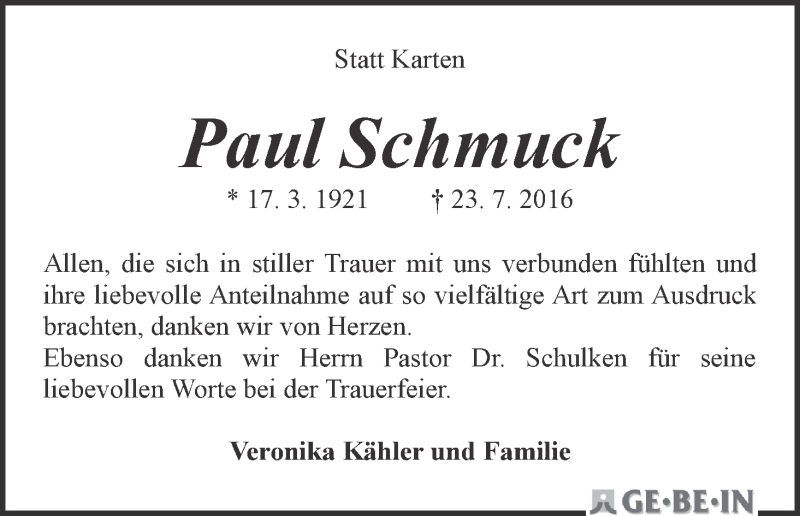 Traueranzeige von Paul Schmuck von WESER-KURIER