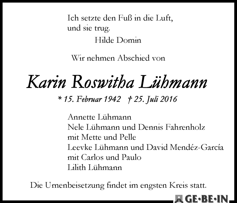 Traueranzeige von Karin Roswitha Lühmann von WESER-KURIER