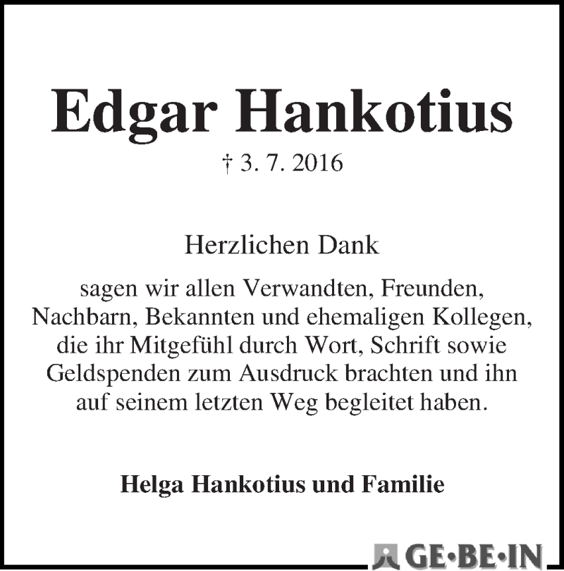 Traueranzeige von Edgar Hankotius von WESER-KURIER