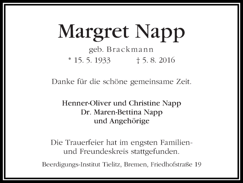 Traueranzeige von Margret Napp von WESER-KURIER