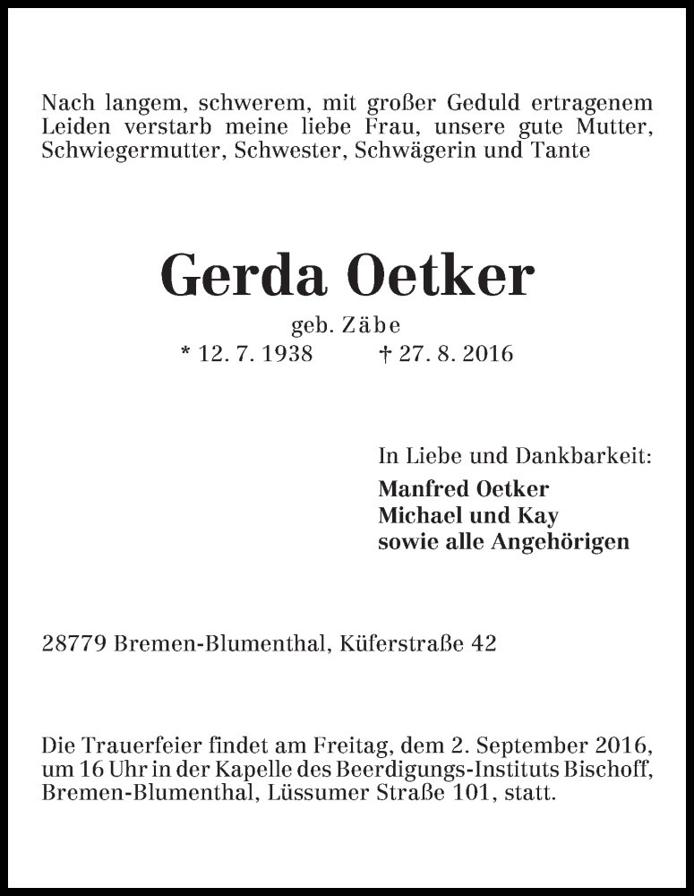 Traueranzeige von Gerda Oetker von Die Norddeutsche