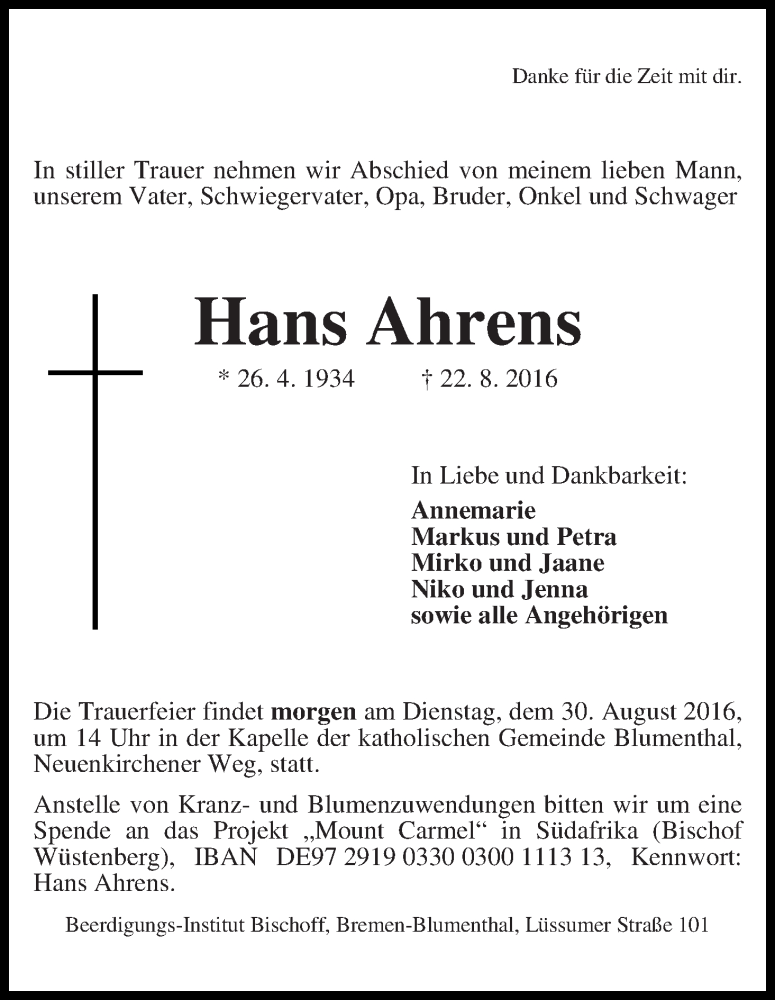 Traueranzeige von Hans Ahrens von Die Norddeutsche