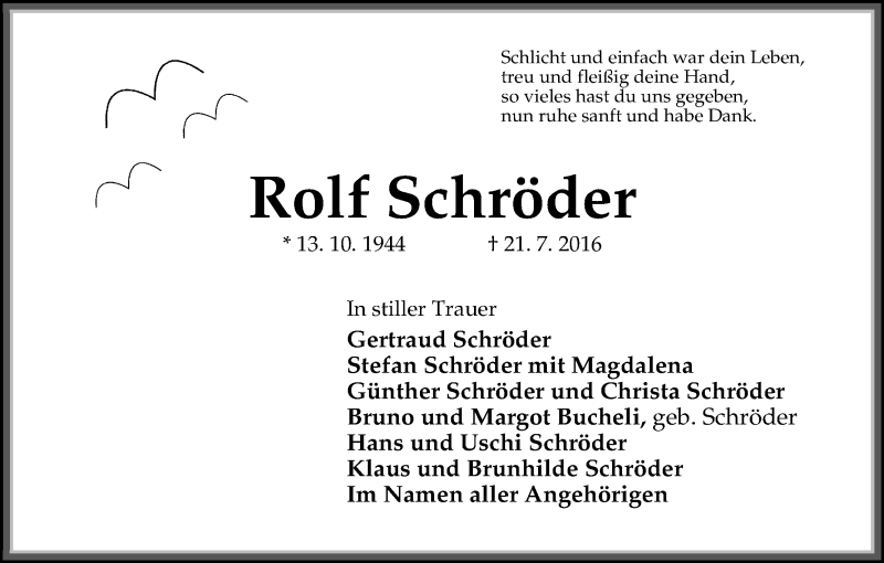 Traueranzeige von Rolf Schröder von Osterholzer Kreisblatt