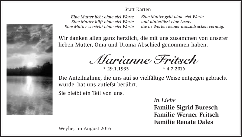 Traueranzeige von Marianne Fritsch von Regionale Rundschau/Syker Kurier