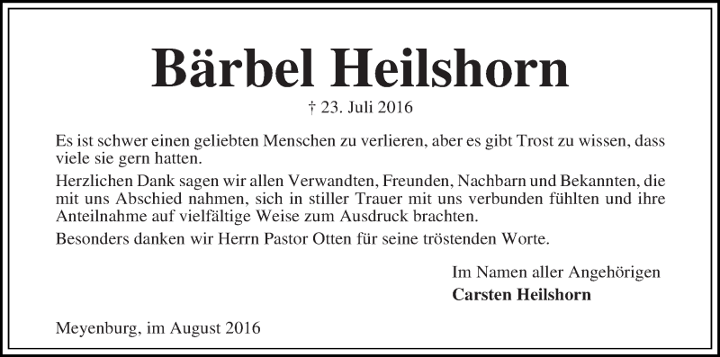 Traueranzeige von Bärbel Heilshorn von Die Norddeutsche
