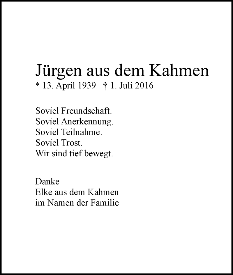 Traueranzeige von Jürgen aus dem Kahmen von Osterholzer Kreisblatt