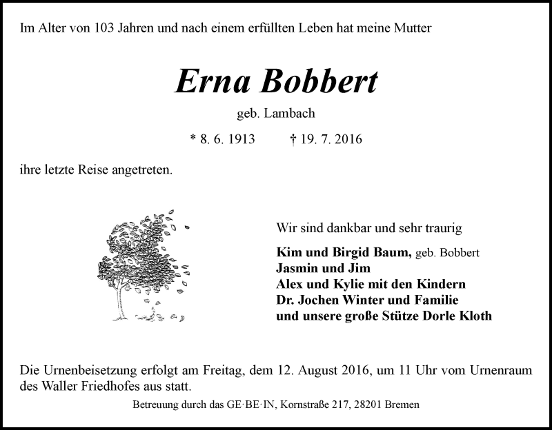 Traueranzeige von Erna Bobbert von WESER-KURIER