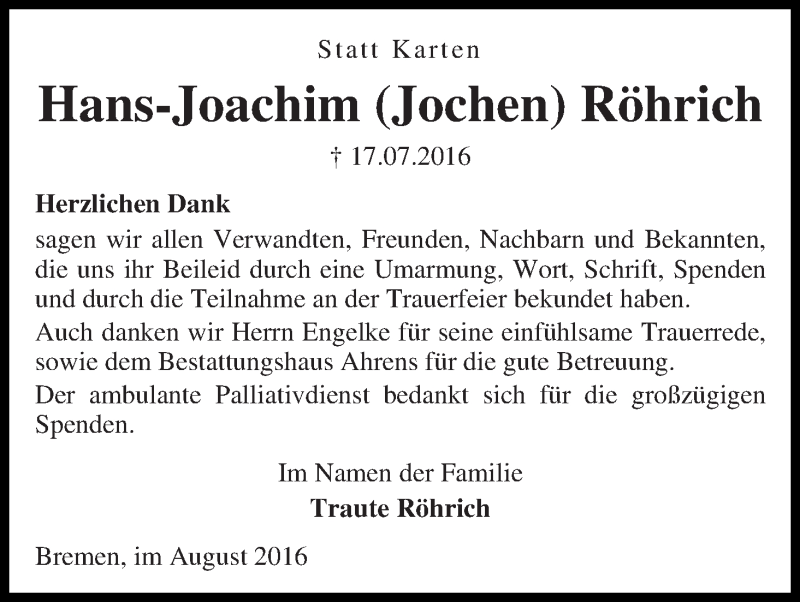 Traueranzeige von Hans-Joachim (Jochen) Röhrich von WESER-KURIER