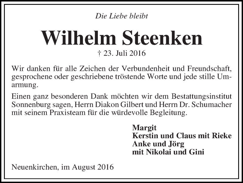 Traueranzeige von Wilhelm Steenken von Die Norddeutsche