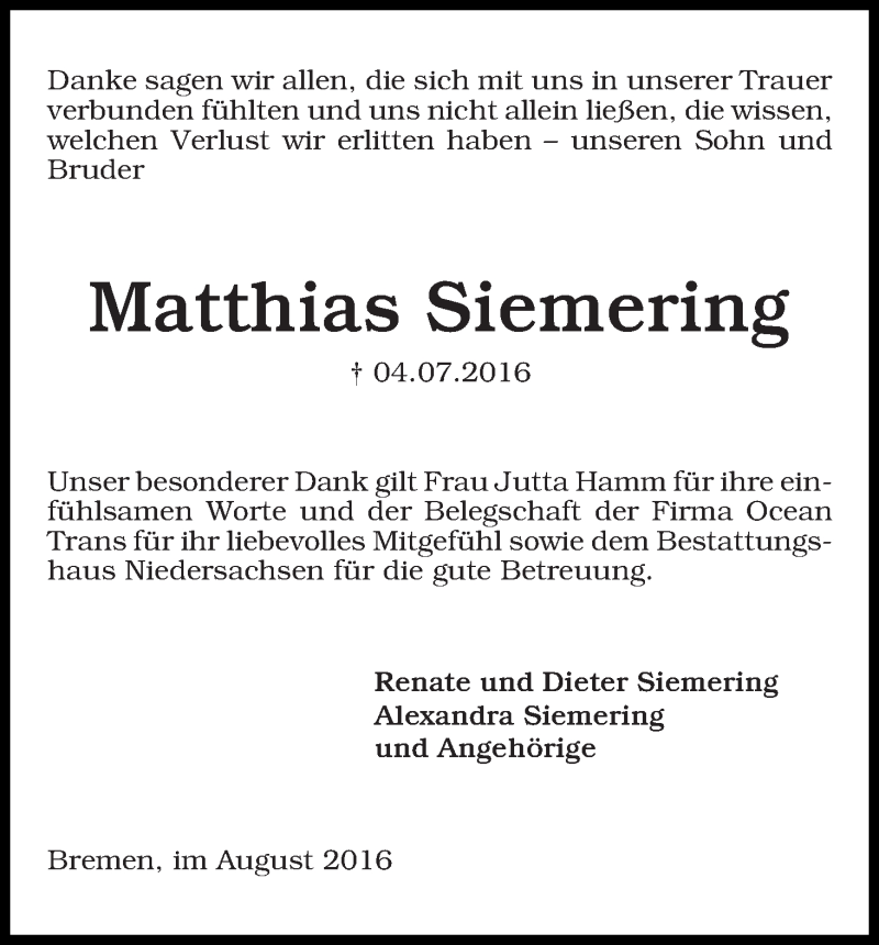 Traueranzeige von Matthias Siemering von WESER-KURIER