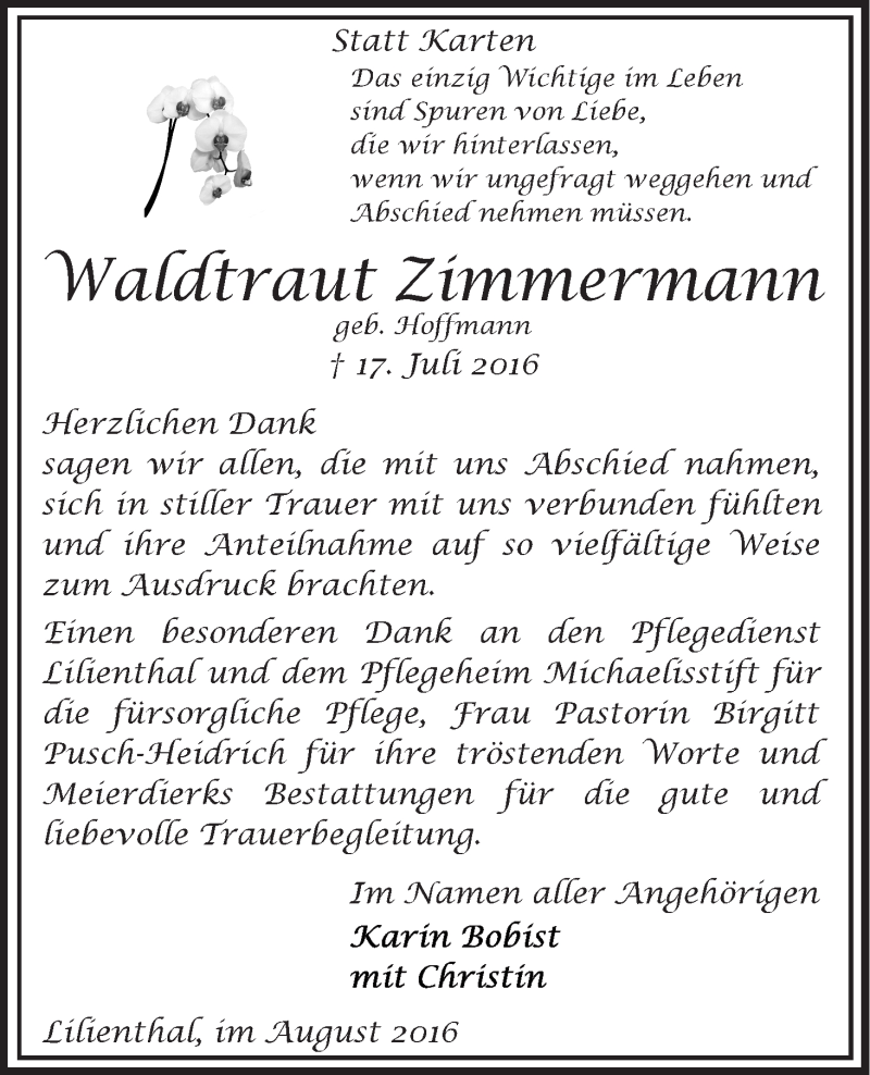 Traueranzeige von Waldtraut Zimmermann von Wuemme Zeitung