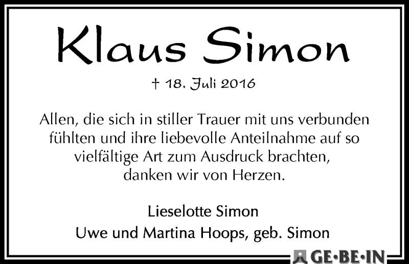 Traueranzeige von Klaus Simon von WESER-KURIER