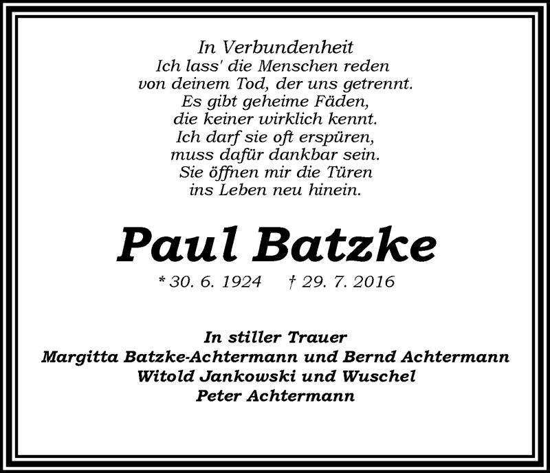 Traueranzeige von Paul Batzke von WESER-KURIER