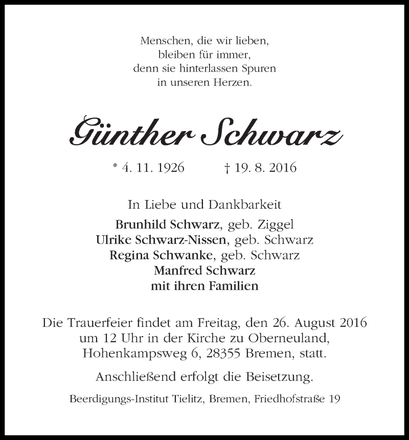 Traueranzeige von Günther Schwarz von WESER-KURIER