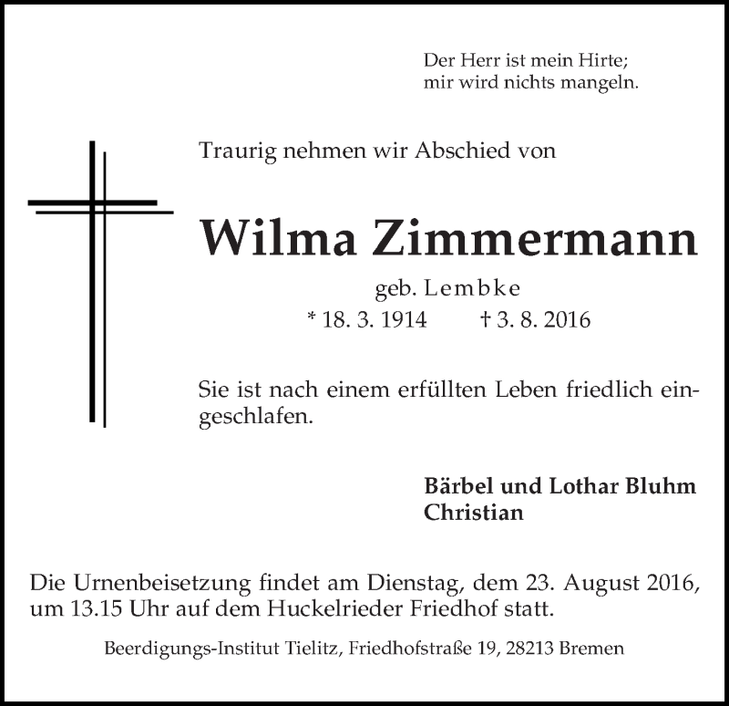 Traueranzeige von Wilma Zimmermann von WESER-KURIER