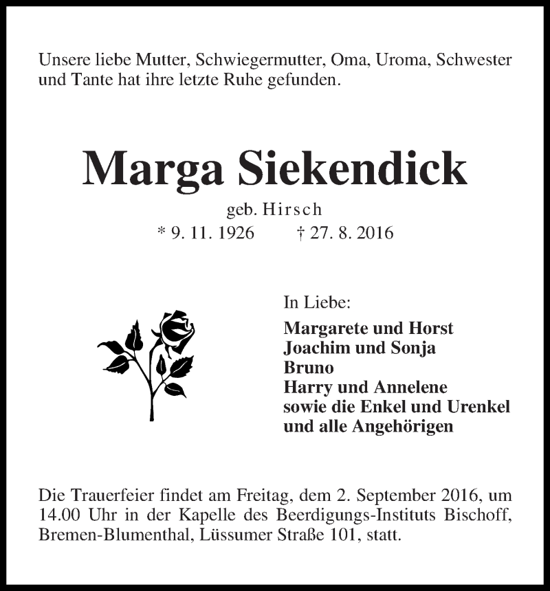 Traueranzeige von Marga Siekendick von Die Norddeutsche