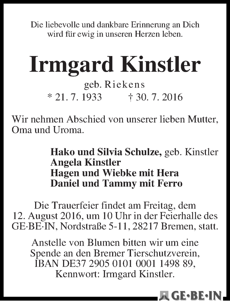 Traueranzeige von Irmgard Kinstler von WESER-KURIER