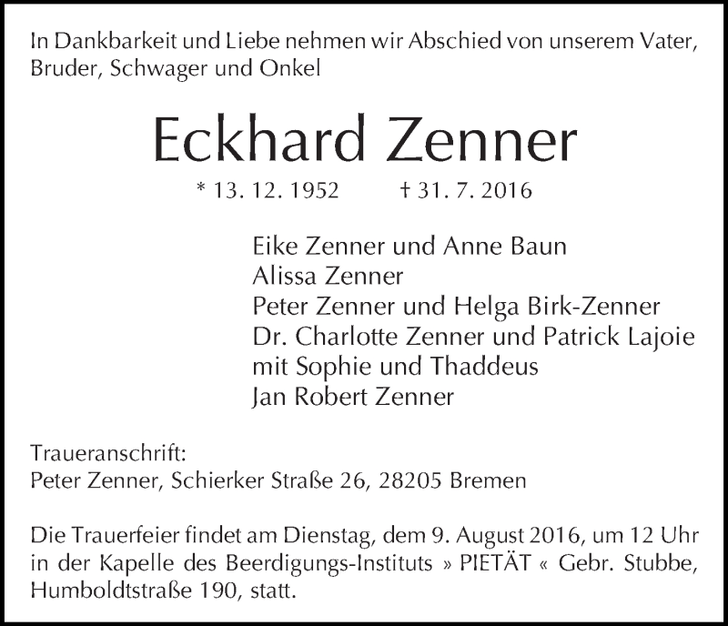 Traueranzeige von Eckhard Zenner von WESER-KURIER