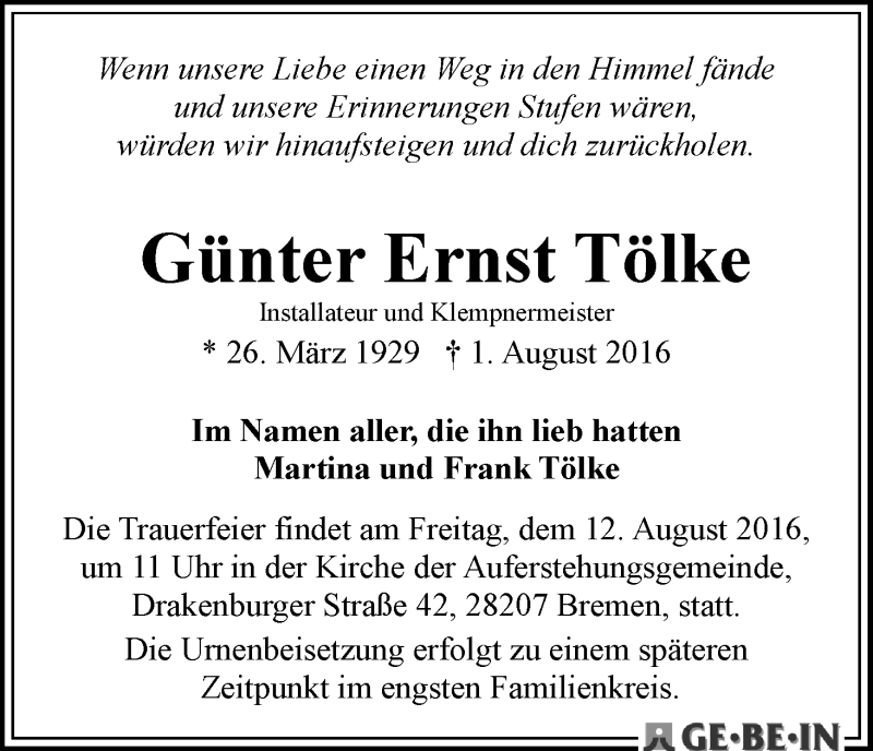 Traueranzeige von Günter Ernst Tölke von WESER-KURIER