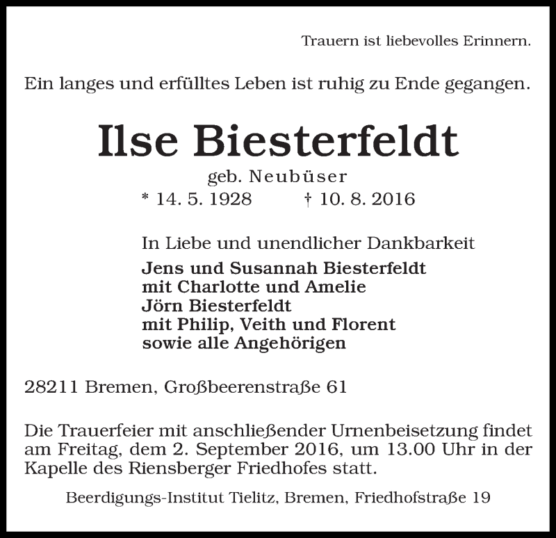 Traueranzeige von Ilse Biesterfeld von WESER-KURIER