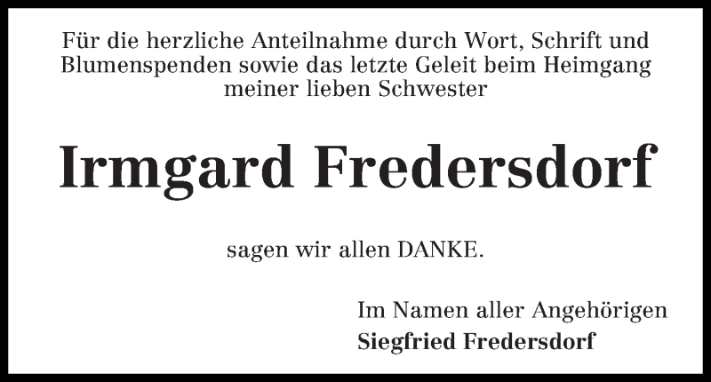 Traueranzeige von Irmgard Fredersdorf von Wuemme Zeitung