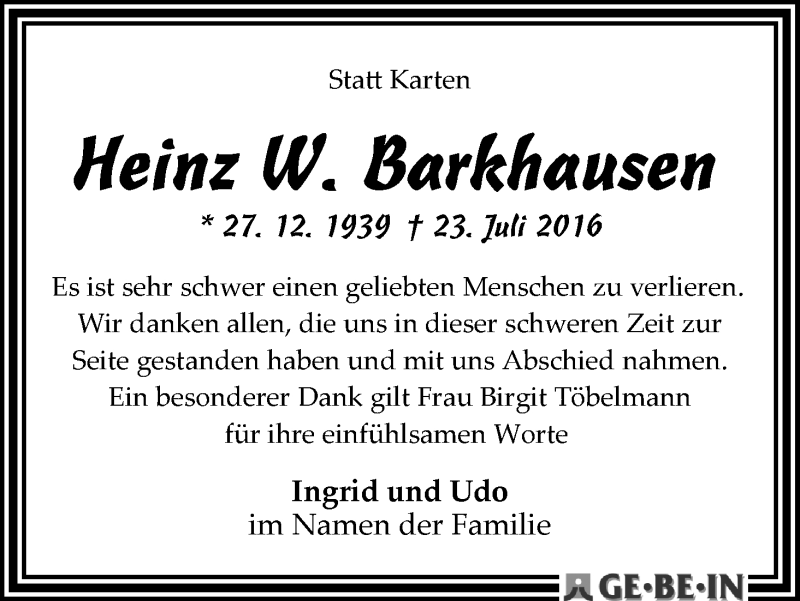 Traueranzeige von Heinz W. Barkhausen von WESER-KURIER