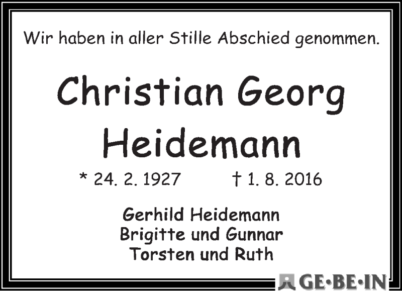 Traueranzeige von Christian Georg Heidemann von WESER-KURIER
