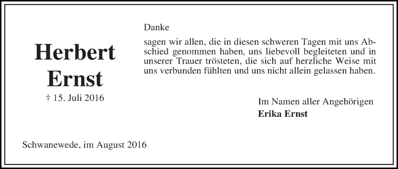 Traueranzeige von Herbert Ernst von Die Norddeutsche
