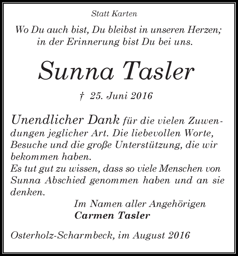 Traueranzeige von Sunna Tasler von Osterholzer Kreisblatt
