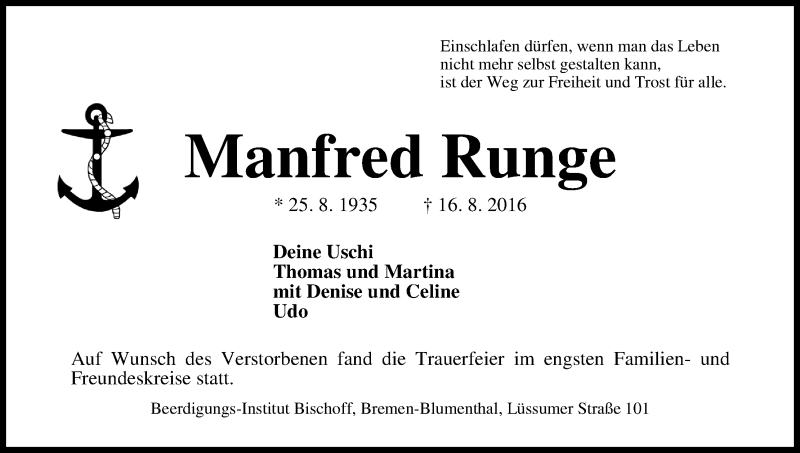 Traueranzeige von Manfred Runge von Die Norddeutsche