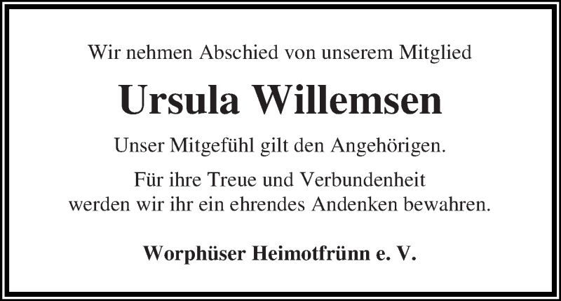 Traueranzeige von Ursula Willemsen von Wuemme Zeitung